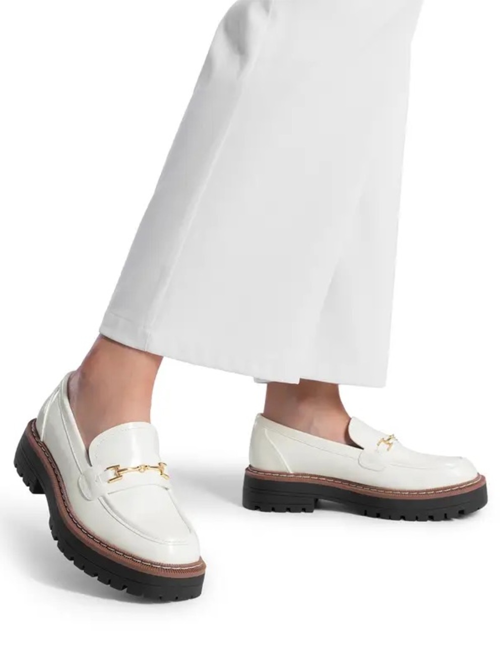 Sam Edelman White Patent Loafers with Gold Bit and Lug Sole